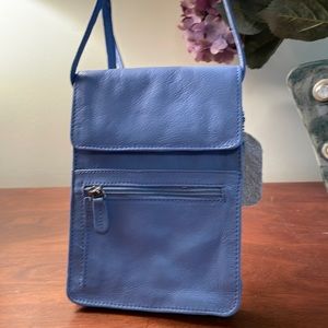 Just right for Spring!  Light blue shoulder bag of pockets and slots